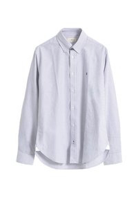 Camisa de botonadura larga de manga larga en rayas azul claro y blanca. Cuenta con un cuello puntiagudo, un dobladillo curvado y un pequeño logotipo bordado.