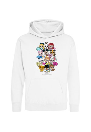 Hvid hættetrøje med farverige tegneserie Disney-figurer med talebobler indeholdende sætninger som "OMG," "WOW," og "HELLO" på fronten.