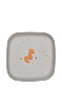 Rectangular plate in light gray with a stylized orange fox design and scattered colorful dots and shapes. Smooth texture, plastic material.