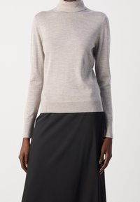 Jasnoszary golf wykonany z miękkiej, gładkiej dzianiny. Posiada długie rękawy i dopasowany krój, zestawiony z czarną spódnicą.
