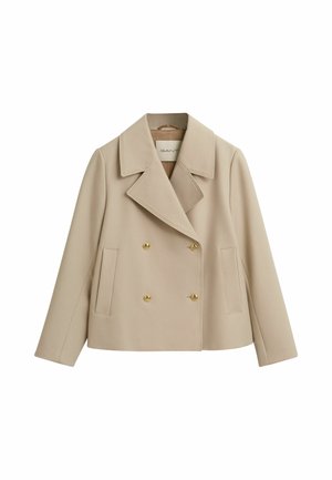 Manteau beige croisé en mélange de laine, avec un col cranté, des boutons dorés et deux poches latérales, au design structuré.