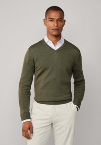 Olive green V-neck sweater made of soft material, featuring ribbed cuffs and hem, worn over a collared white shirt with light blue stripes.