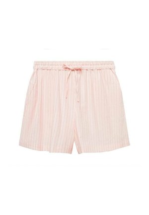 Helle rosa Shorts mit weißen vertikalen Streifen, elastischem Bund und Kordelzug. Mit seitlichen Taschen und einem lockeren, entspannten Schnitt.