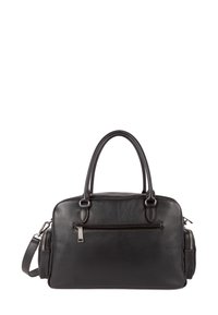 Borsa a mano nera in pelle con doppio manico superiore, una tracolla removibile e una tasca zip frontale. Texture liscia e forma rettangolare.