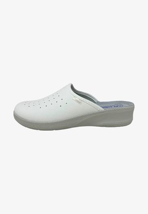 Zoccoli bianchi con punta tondeggiante, lato texturizzato e parte superiore perforata per la ventilazione. Sole e tallone imbottiti, progettati per comfort e facilità.