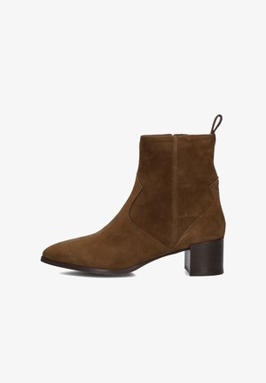 Braune Wildleder-Ankle-Boots mit Blockabsatz, seitlichem Reißverschluss und Zugschlaufe hinten.