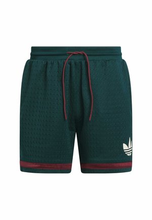 Ciemnozielone sportowe spodenki z siatki z bordowym sznurkiem i lamówką, z białym logo Adidas trefoil na lewej nodze.