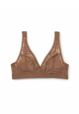 Kastanjebruine kanten bralette met bloemenpatronen, gegolfde randen op de bandjes en een diepe V-halslijn, weergegeven op een witte achtergrond.