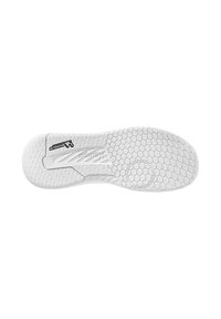 Sole di scarpa bianca con un motivo esagonale, dotata di un logo e una texture liscia. Il design curvo nel tallone migliora il comfort.