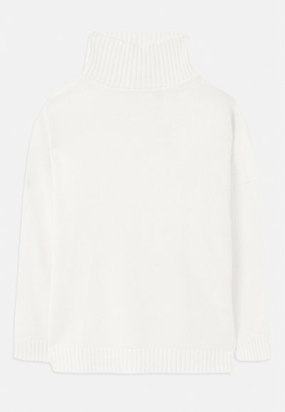 Maglione bianco a collo alto con colletto e orlo a coste, caratterizzato da una texture morbida e una silhouette over size, ideale per un look casual.