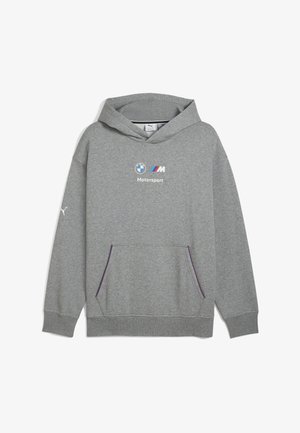 Hall kummeli kapuutsiga hallest puuvillast, millel on känguru tasku, valge ja sinise BMW Motorsporti logo ning Puma logo vasakul varrukal.
