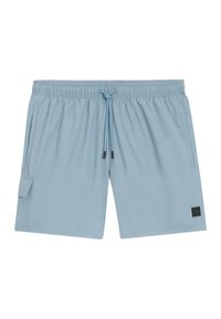 Shorts da bagno azzurri chiari realizzati in un tessuto liscio. Presentano un elastico in vita con cordoncino, tasche laterali e un piccolo logo a patch.