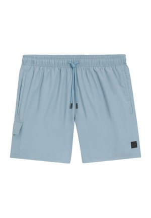 Lichtblauwe zwembroek gemaakt van gladde stof. Voorzien van een elastische tailleband met trekkoord, zijzakken en een klein patch-logo.