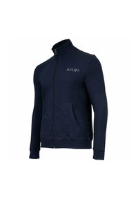 Felpa con zip blu navy, colletto alto, tasche frontali e logo grigio "JOOP!" sul lato sinistro del petto, realizzata in un tessuto morbido con una texture liscia.