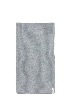 Light gray knitted wool scarf with a ribbed pattern and a small white brand tag at one corner.