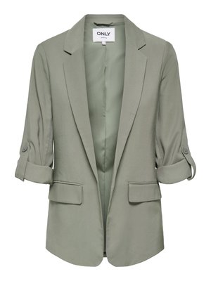 Veste pour femme vert olive clair avec manches retroussées, deux poches à rabat avant, et devant ouvert avec revers crantés.