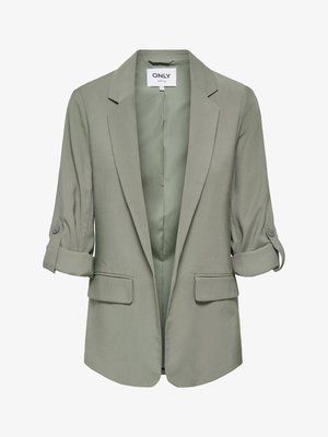 Heledat oliivroheline naiste bleiser üleskeeratud varrukatega, kahe esiklapiga taskuga ja avatud esiküljega, millel on krae lõiked.