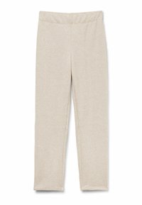 Lichtbeige leggings van zacht, rekbaar materiaal. Voorzien van een elastische tailleband en aangesloten benen, met een gladde, effen textuur.