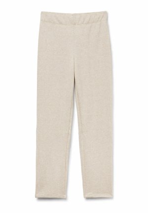 Leggings beige clair en tissu doux et extensible. Ils possèdent une taille élastique et des jambes ajustées, avec une texture lisse et unie.