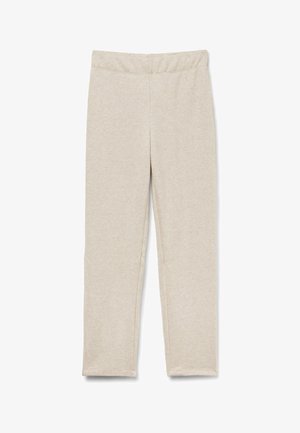 Helle beige Leggings aus weichem, elastischem Material. Mit einem elastischen Bund und eng anliegenden Beinen, in einer glatten, schlichten Textur.