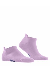 Lila Knöchelsocken aus strukturiertem Material. Sie verfügen über einen gerippten Bund und ein blaues Markenlogo an der Seite.