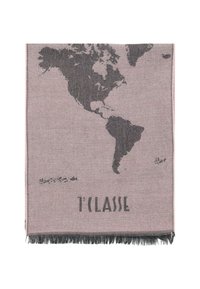 Coperta intrecciata in rosa tenue con una mappa scura del Nord e Sud America; presenta bordi frangiati e il testo "T'CLASS".