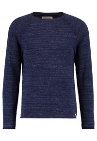 Pull bleu marine à manches longues avec un tricot texturé, un col rond et un petit accent blanc à l'ourlet. Poignets et ourlet côtelés.