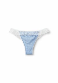 Blauwe en witte gestreepte string met een kanten tailleband. Kenmerkt zich door golvende randen en fijne stiksels voor detail. Zachte stoftextuur.
