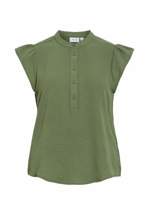Grøn bluse med korte ærmer med mandarinkrave og fem-knaps lukning, lavet af tekstureret stof og løs pasform.