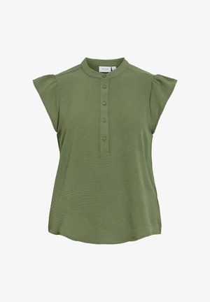 Grøn bluse med korte ærmer med mandarinkrave og fem-knaps lukning, lavet af tekstureret stof og løs pasform.