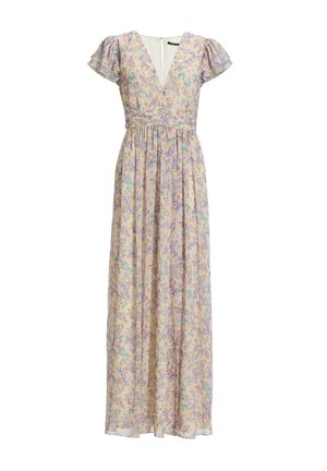 Bloemige maxi-jurk met een V-hals, korte vlindermouwen, elastische taille en een pastelpatroon van kleine bloemen op een lichte achtergrond.
