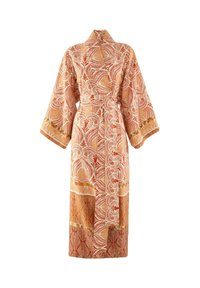 Kimono-Stil Robe in warmen Tönen von Orange und Creme, mit einem detaillierten Blättermuster und einem gebundenen Bund sowie weiten Ärmeln.