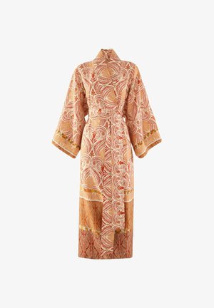 Kimono-style robe in warm tones of orange and cream, featuring a detailed leaf pattern and a tied waist with wide sleeves.