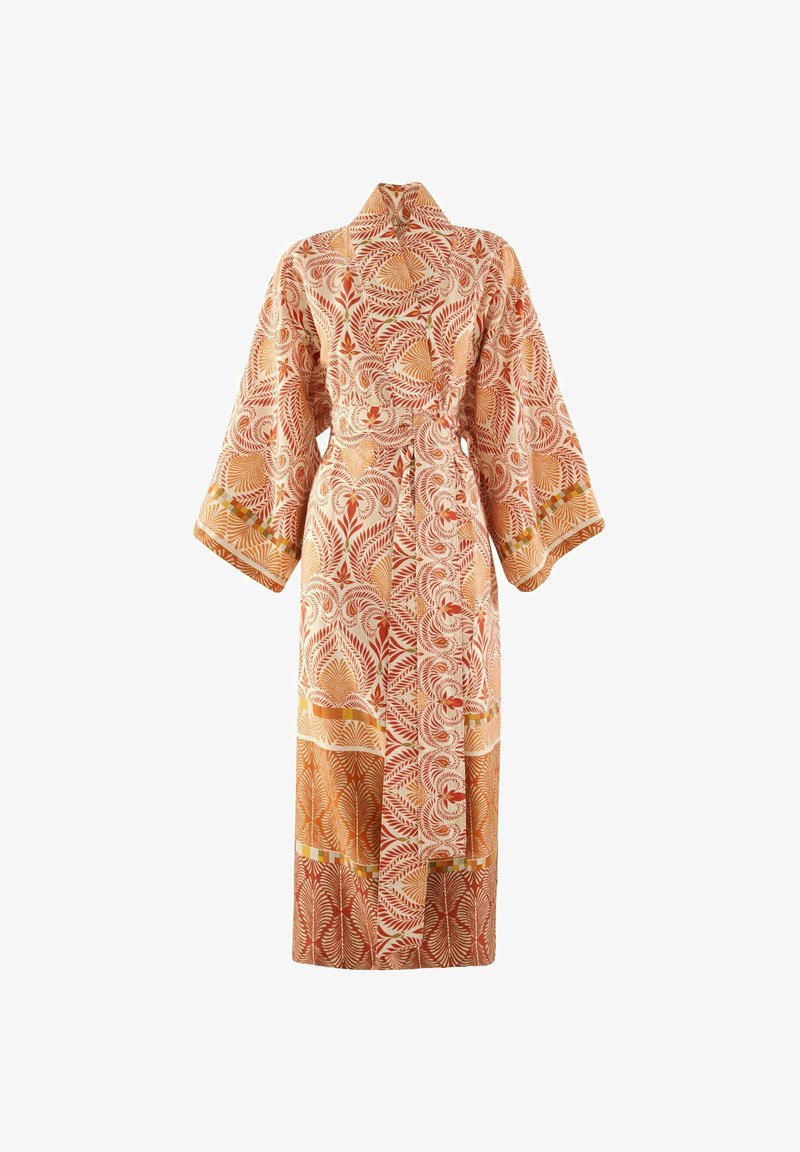 Kimono-Stil Robe in warmen Tönen von Orange und Creme, mit einem detaillierten Blättermuster und einem gebundenen Bund sowie weiten Ärmeln.