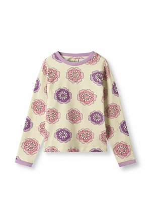 Langärmelig shirt van crèmekleurige stof met een bloemenpatroon in roze en paarse tinten, voorzien van een lila kraag en mouwboorden.