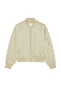 Beige Bomberjacke mit Frontreißverschluss, geripptem Kragen, Bündchen und Saum, zwei aufgesetzten Taschen und einer Reißverschlusstasche am linken Ärmel.