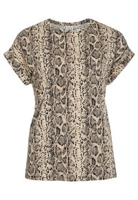 Beige T-Shirt mit kurzen Ärmeln, schwarzem und braunem Schlangenprint-Muster und rundem Halsausschnitt.