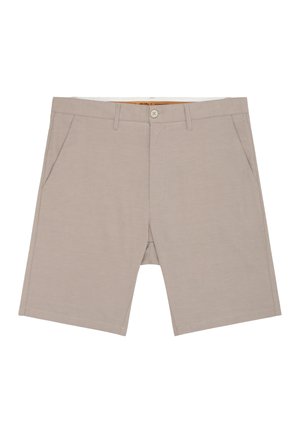 Beige men's shorts with front button, belt loops, side pockets, and a zip fly on a white background.