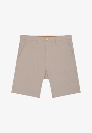 Beige men's shorts with front button, belt loops, side pockets, and a zip fly on a white background.