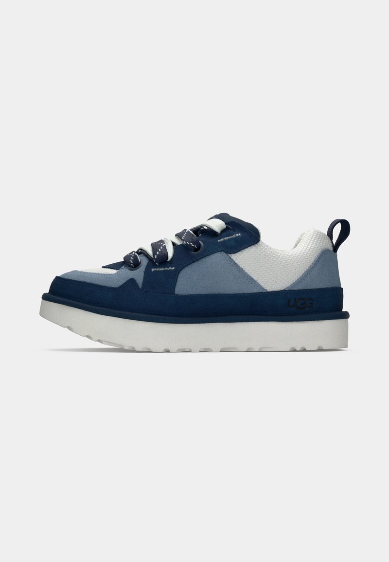 Zapatilla navy y azul claro con materiales de ante y malla, cordones blancos, cuello acolchado y una suela gruesa blanca. Logotipo de UGG en el talón.