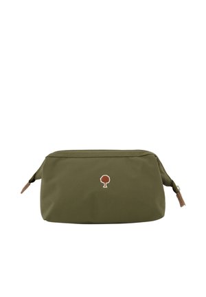 Pochette rectangulaire vert olive avec un logo d'arbre marron centré sur le devant, équipée de fermetures éclair avec des languettes marron de chaque côté.