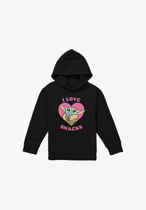 Schwarzer Hoodie mit einer Cartoon-Figur mit großen Ohren, die in einem rosa Herzen sitzt, und dem Text "I LOVE SNACKS" in rosa Buchstaben.