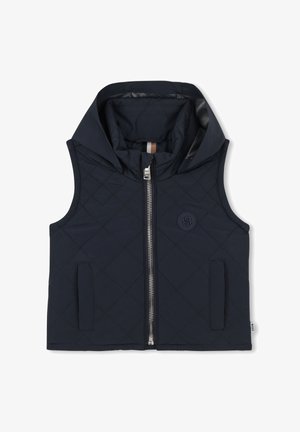 Gilet trapuntato blu navy con cappuccio, cerniera frontale e tasche laterali. Presenta un logo discreto sul petto e una fodera interna a contrasto.