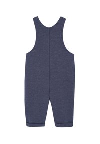 Dunkelblauer Baumwolloverall mit ärmellosem Design, lockerer Passform und umgeschlagenen Säumen. Glatte Textur mit einem einfachen Rückennahtdetail.