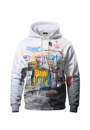 Valge kapuutsiga dressipluus esiküljel värvikate abstraktsete loomajoonistustega, sealhulgas kollane tiiger ja mitmed stiliseeritud kassid grafiti kunstistiilis.