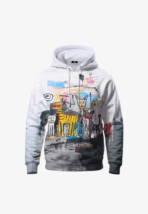 Valge kapuutsiga dressipluus esiküljel värvikate abstraktsete loomajoonistustega, sealhulgas kollane tiiger ja mitmed stiliseeritud kassid grafiti kunstistiilis.