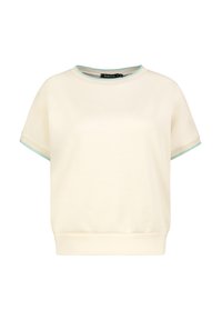 Cremefarbener Kurzarm-Sweatshirt mit geripptem Saum und hellblauen Akzenten am Rundhalsausschnitt und an den Ärmeln. Weicher Stoff mit angenehmer Haptik.