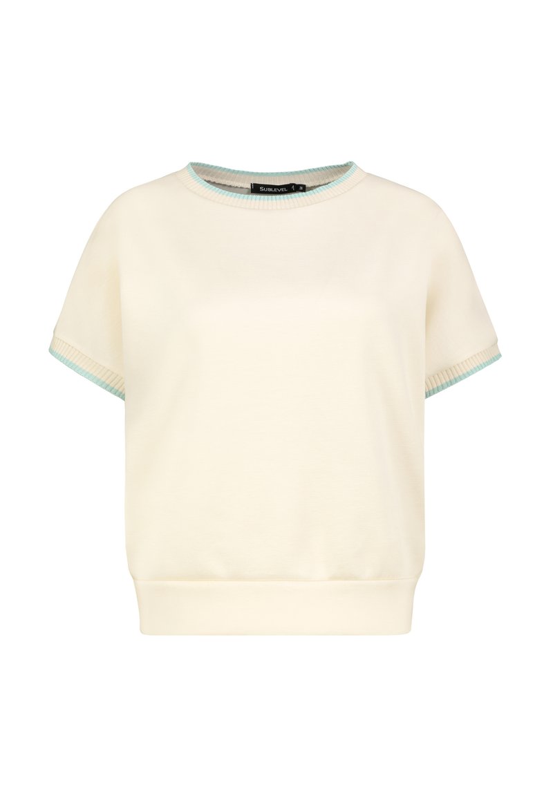 Cremefarbener Kurzarm-Sweatshirt mit geripptem Saum und hellblauen Akzenten am Rundhalsausschnitt und an den Ärmeln. Weicher Stoff mit angenehmer Haptik.
