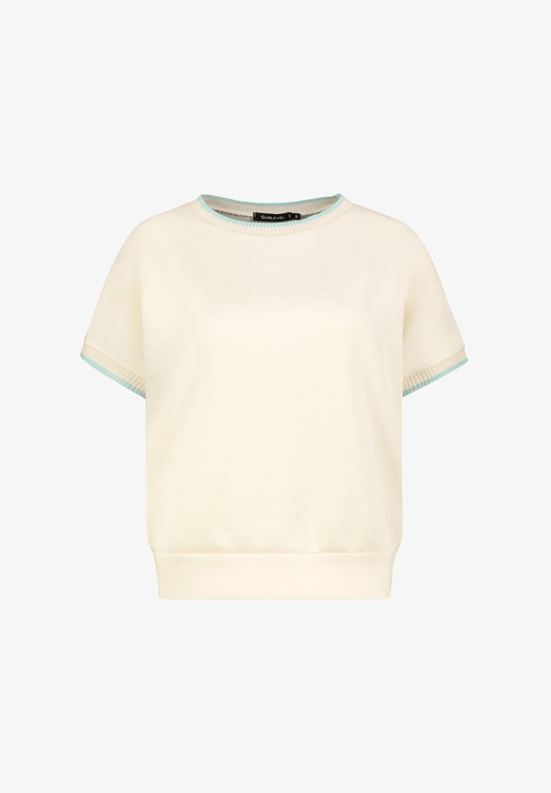 Cremefarbener Kurzarm-Sweatshirt mit geripptem Saum und hellblauen Akzenten am Rundhalsausschnitt und an den Ärmeln. Weicher Stoff mit angenehmer Haptik.