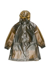 Imperméable vert olive avec capuche, boutons-pression à l'avant, poignets élastiques, poche poitrine et deux grandes poches avant avec fermetures à boutons-pression.